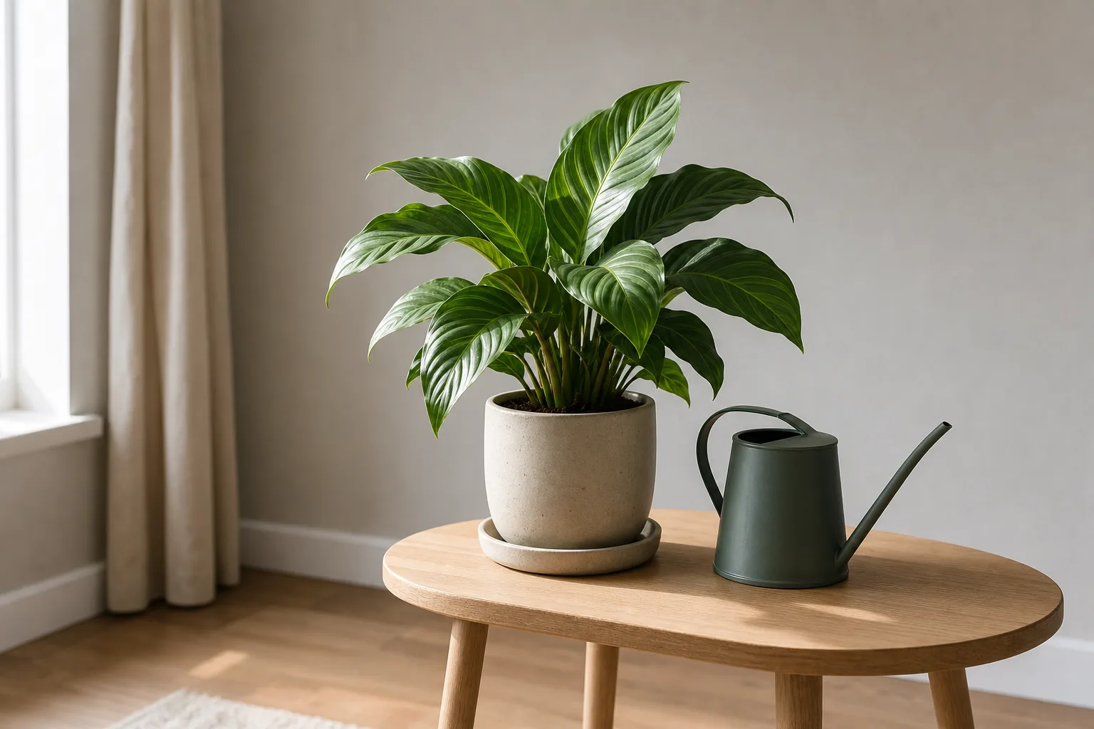 A houseplant moved to its own table in a separate room, with a dedicated watering can and saucer, kept away from the rest of the indoor plant collection.