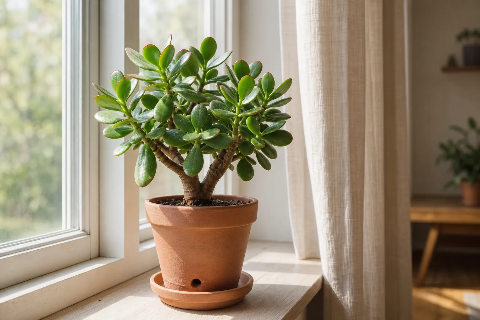 A jade plant with thick, glossy leaves in a terracotta pot sitting in a sunlit window.