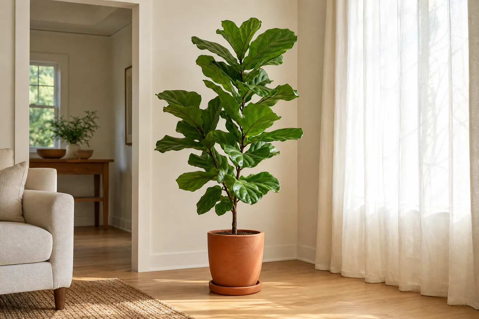 A tall floor plant in a bright living room corner, with sheer-curtain light and a clear path around the pot
