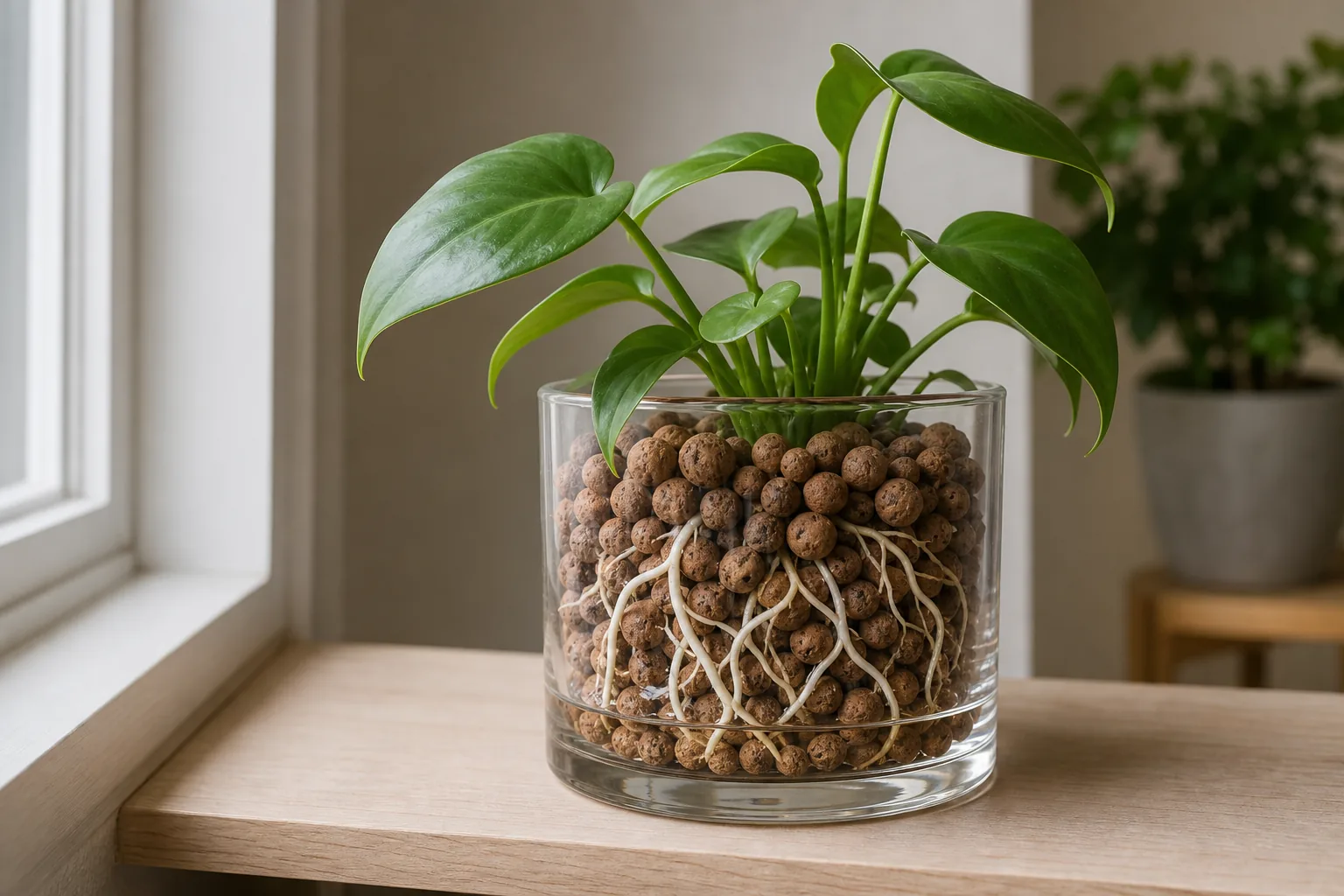 A small houseplant in a clear glass reservoir pot, its roots visible against tan expanded clay pebbles with a shallow layer of water at the bottom.