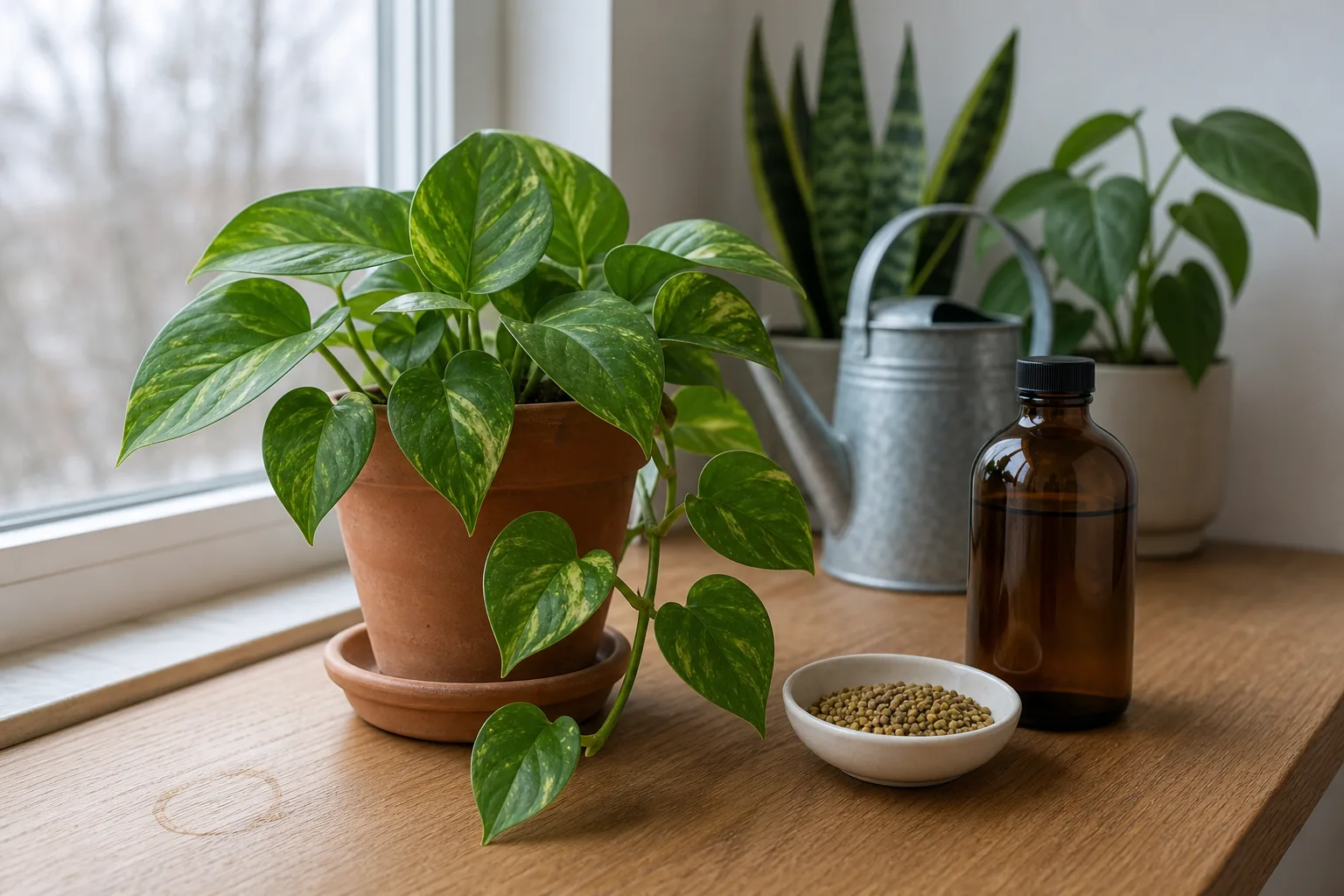 A bottle of liquid houseplant fertilizer next to a small dish of coated slow-release prills and a potted pothos on a windowsill