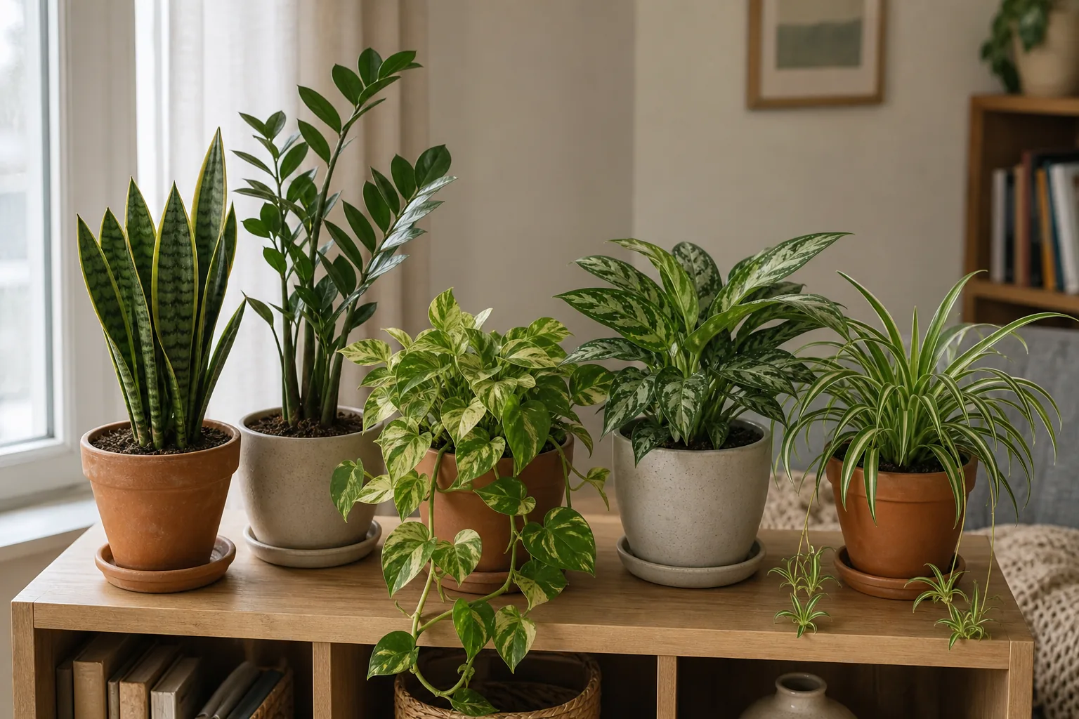 A snake plant, ZZ plant, pothos, Chinese evergreen, and spider plant arranged on a bright windowsill in an ordinary apartment room.