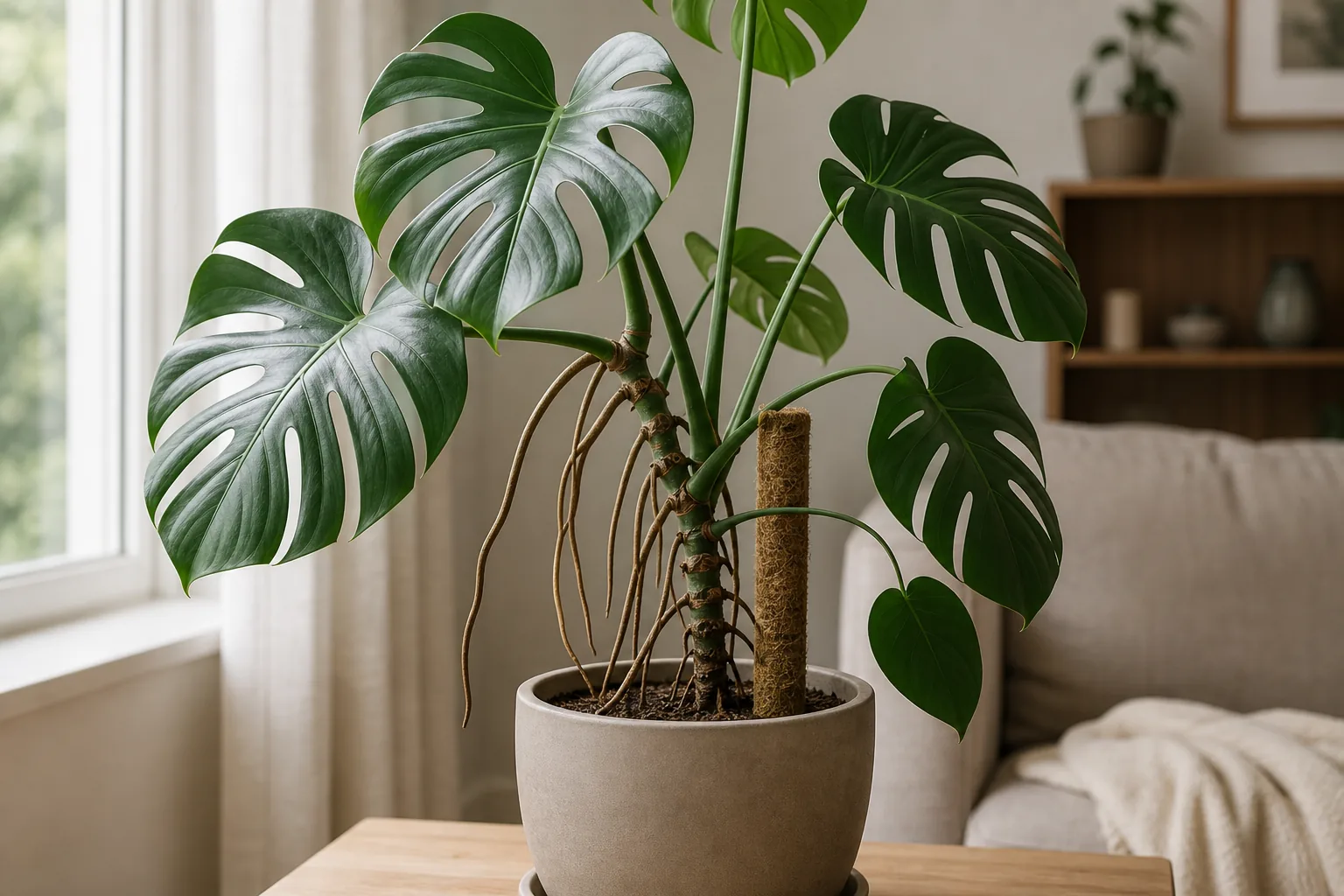 Long brown aerial roots growing outward from the stem of an indoor Monstera above the potting mix