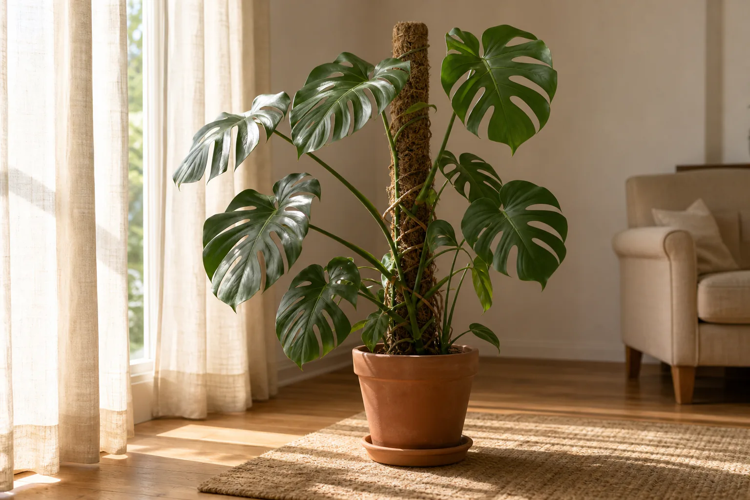 A Monstera deliciosa with fenestrated leaves climbing a moss pole in a sunlit room