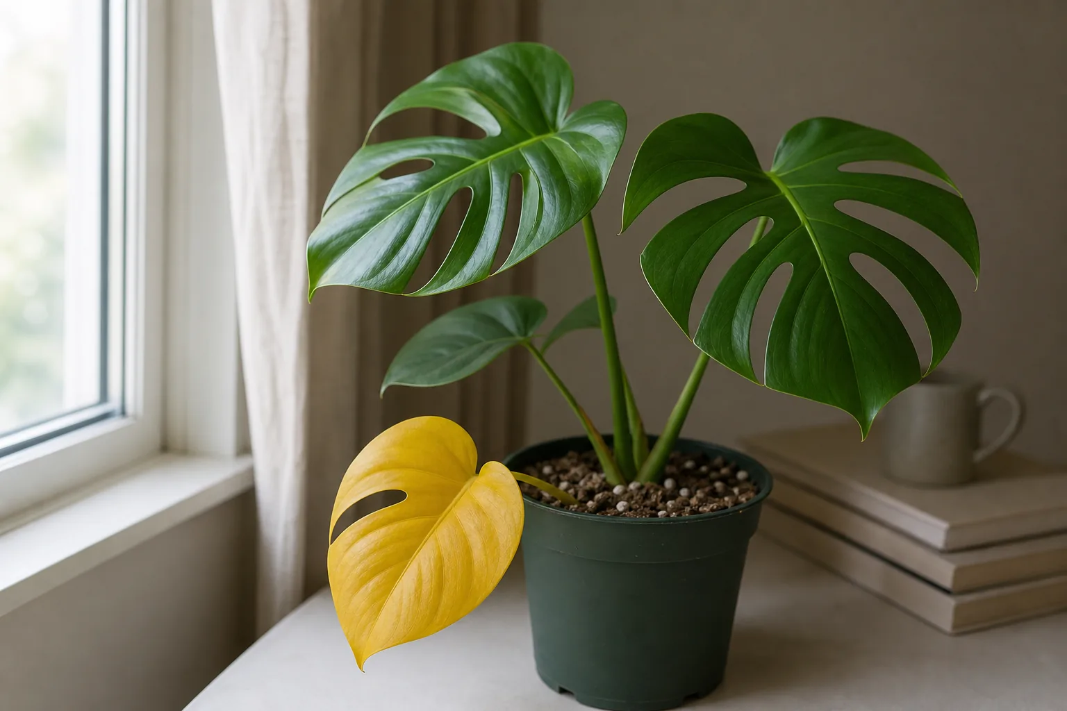 A young Monstera deliciosa on a windowsill with one fully yellow lower leaf next to several healthy, fenestrated green leaves.