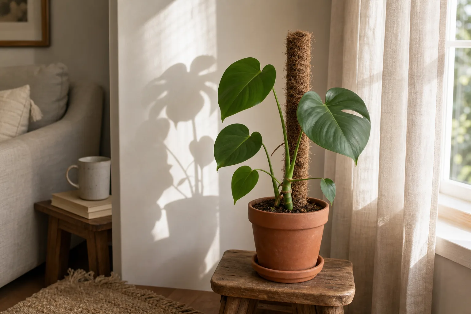 Indoor Monstera deliciosa with small, whole juvenile leaves climbing a moss pole near a bright window.