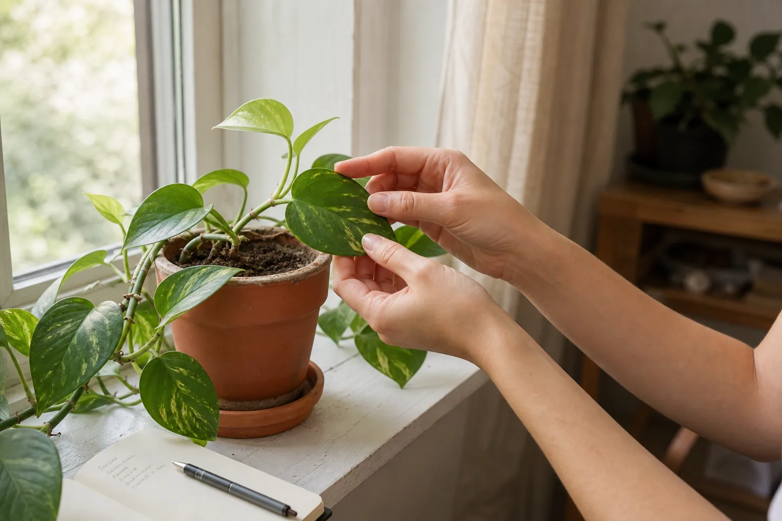 A person doing a slow monthly inspection of a potted houseplant on a bright windowsill, looking at the leaves and the soil surface