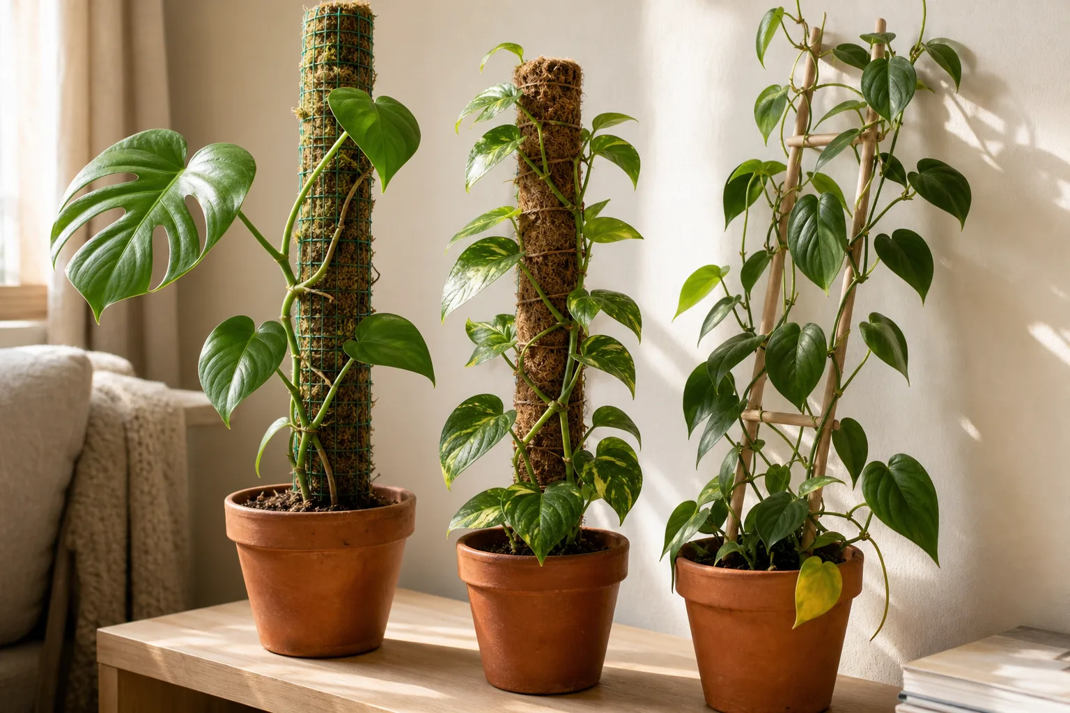 Side-by-side comparison of a moss pole, a coir pole, and a small wooden trellis sitting beside potted houseplants on a bright indoor shelf.