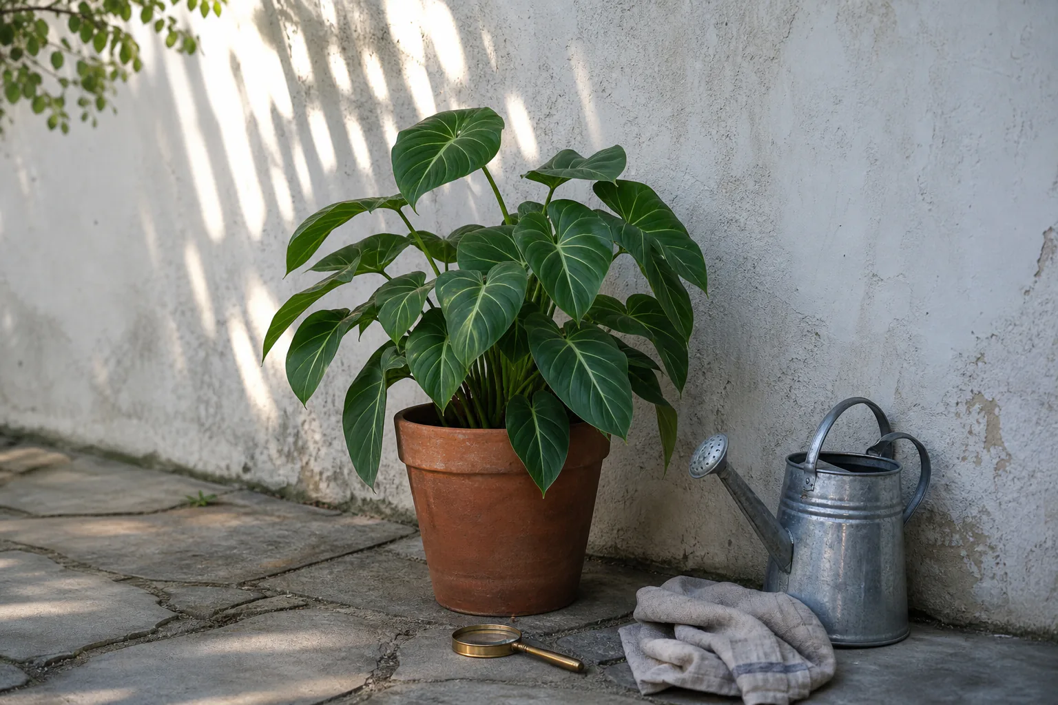 A houseplant resting in a shaded outdoor spot near a wall with morning sun, beside a watering can and a small hand lens used to inspect leaves