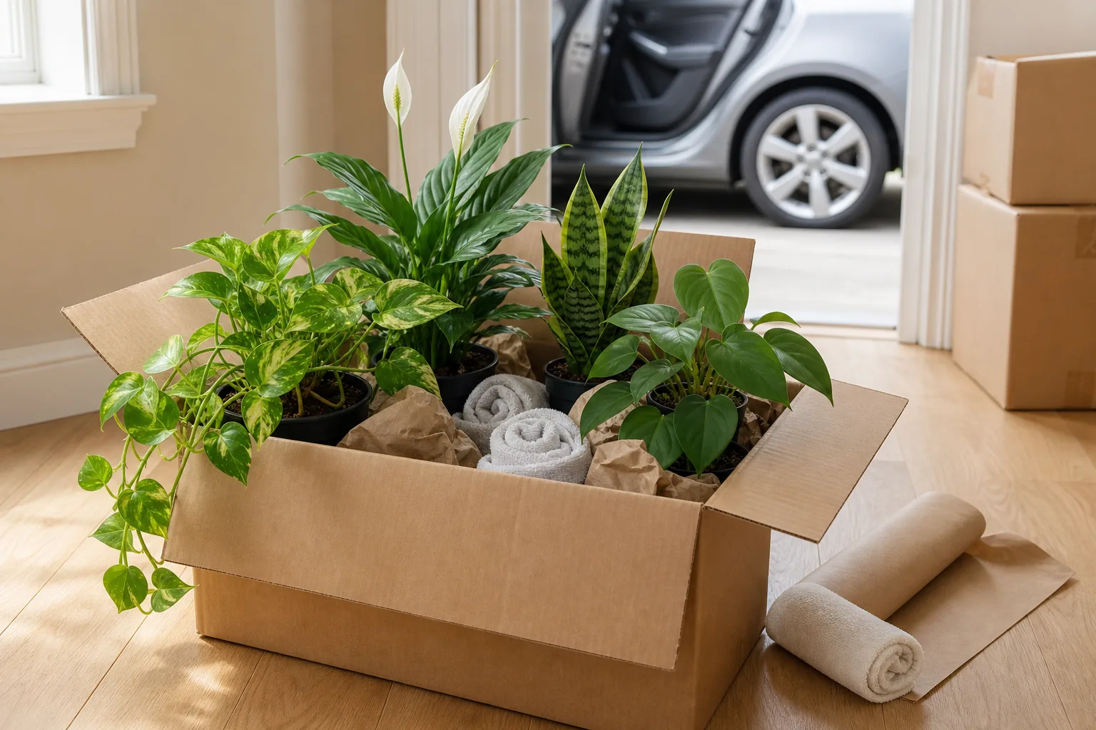 A row of small potted houseplants packed upright in an open cardboard box beside a car seat, ready for a residential move.