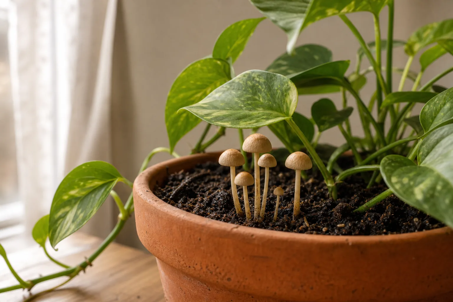 Photo for guide: Mushrooms in houseplant soil