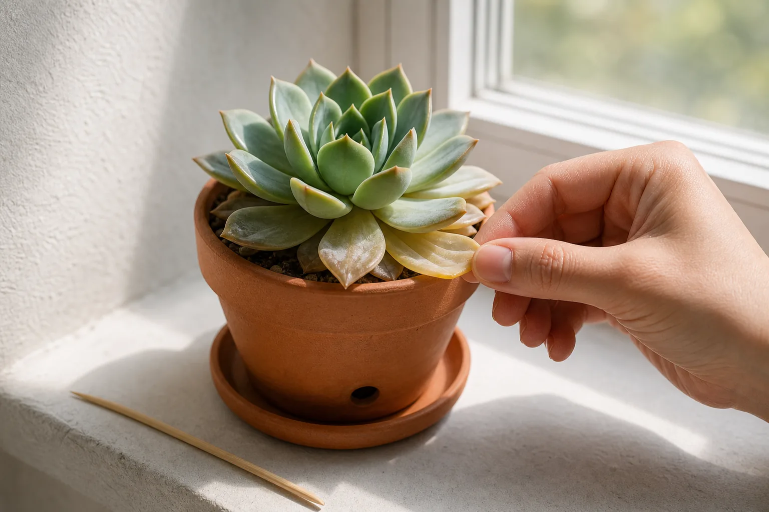 Hand gently pressing a soft lower leaf on a rosette succulent while inspecting stem firmness near the soil line