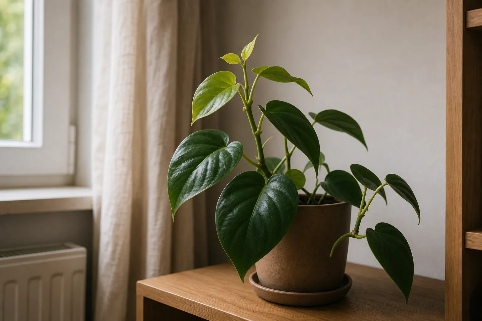 A houseplant with smaller new leaves at the growing tip compared to larger mature leaves below.