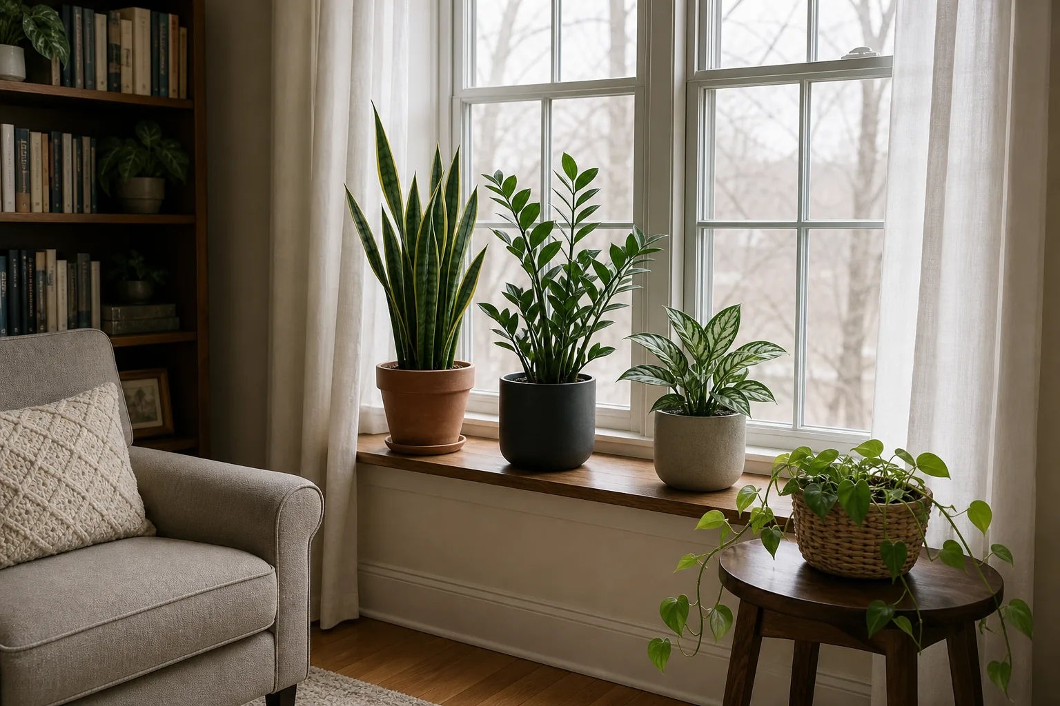 A leafy houseplant sitting on a north-facing windowsill with sheer curtains and no direct sunlight on the leaves.