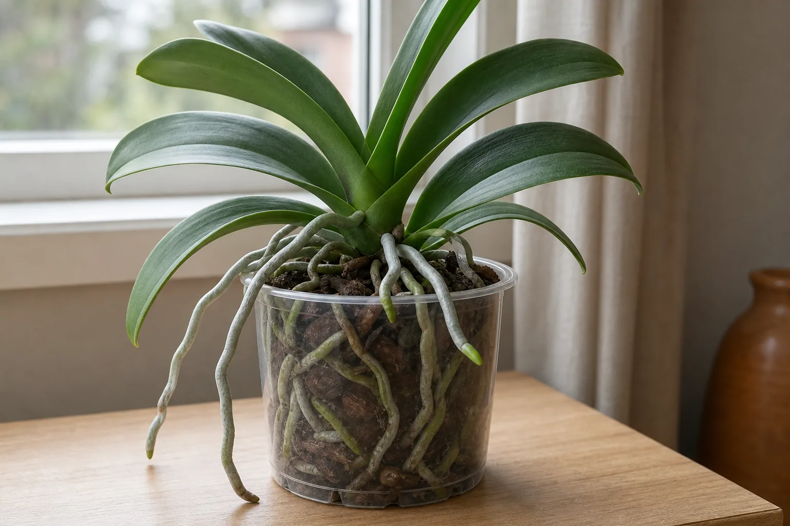 Close-up of firm, plump, silvery-green aerial roots growing from a Phalaenopsis orchid above a clear nursery pot