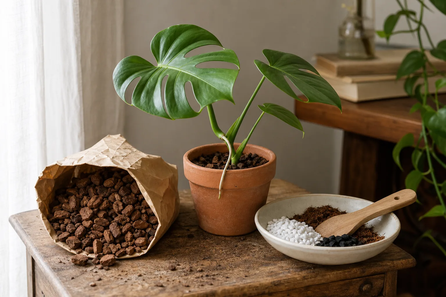 Open bag of chunky orchid bark next to a small monstera in a terracotta pot