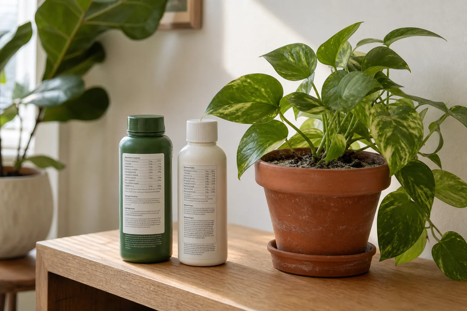 Two houseplant fertilizer bottles side by side, one labeled organic and one synthetic, with back label panels turned toward the viewer.