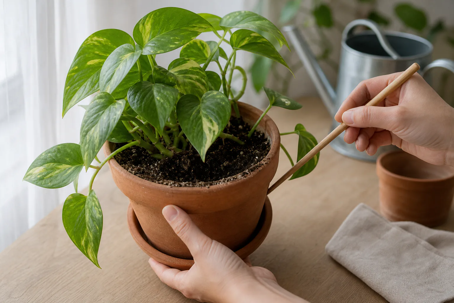 Hand lifting a small potted houseplant to feel its weight, with a finger inserted into the potting mix to check moisture at depth.