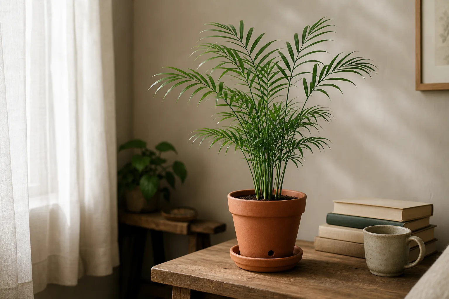 A small parlor palm in a simple pot on a bright indoor shelf, with thin stems and delicate arching fronds.