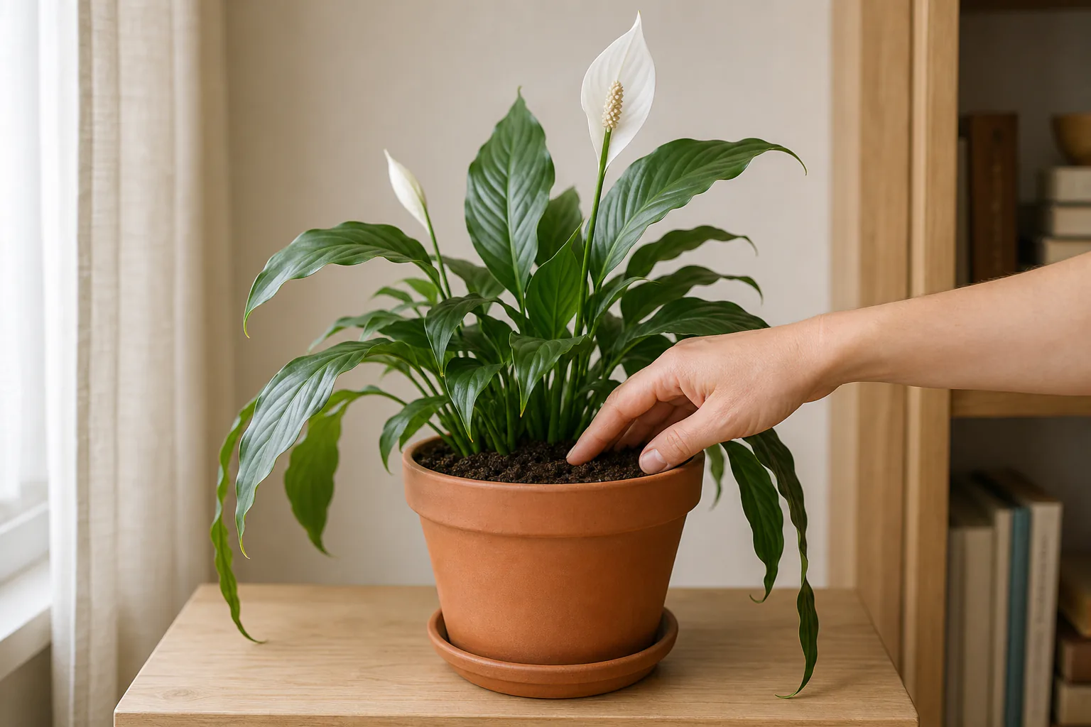 A peace lily with drooping leaves next to a hand checking the moisture of the potting soil