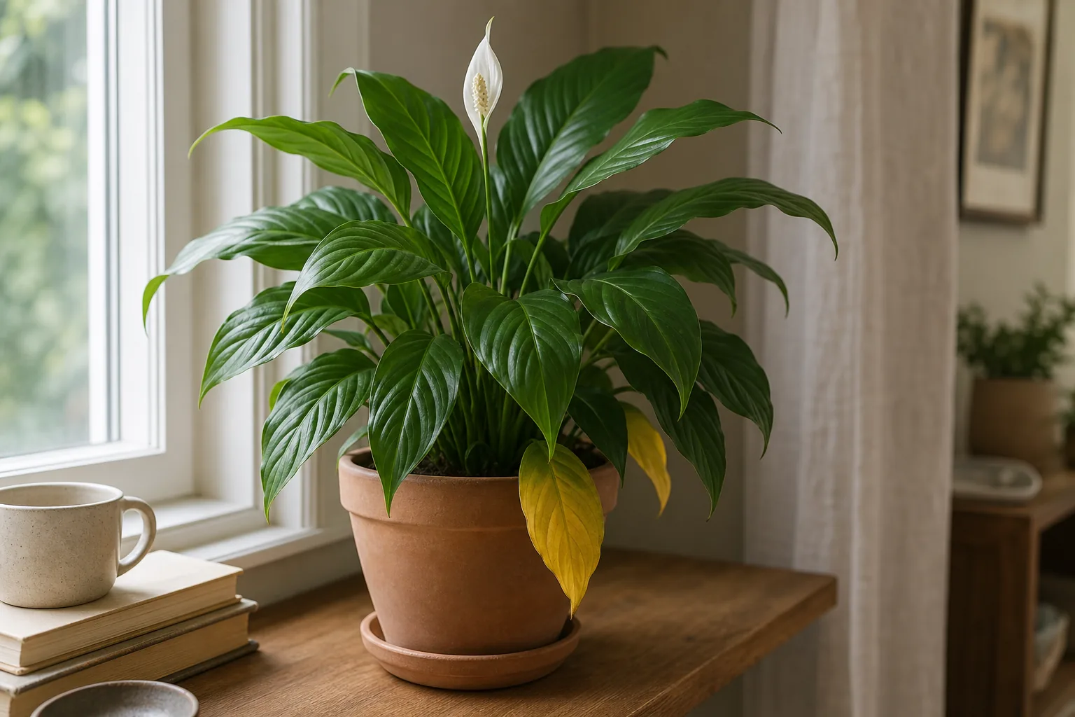 A peace lily on a windowsill with a mix of glossy green leaves and one yellowing lower leaf, illustrating the pattern-first approach.