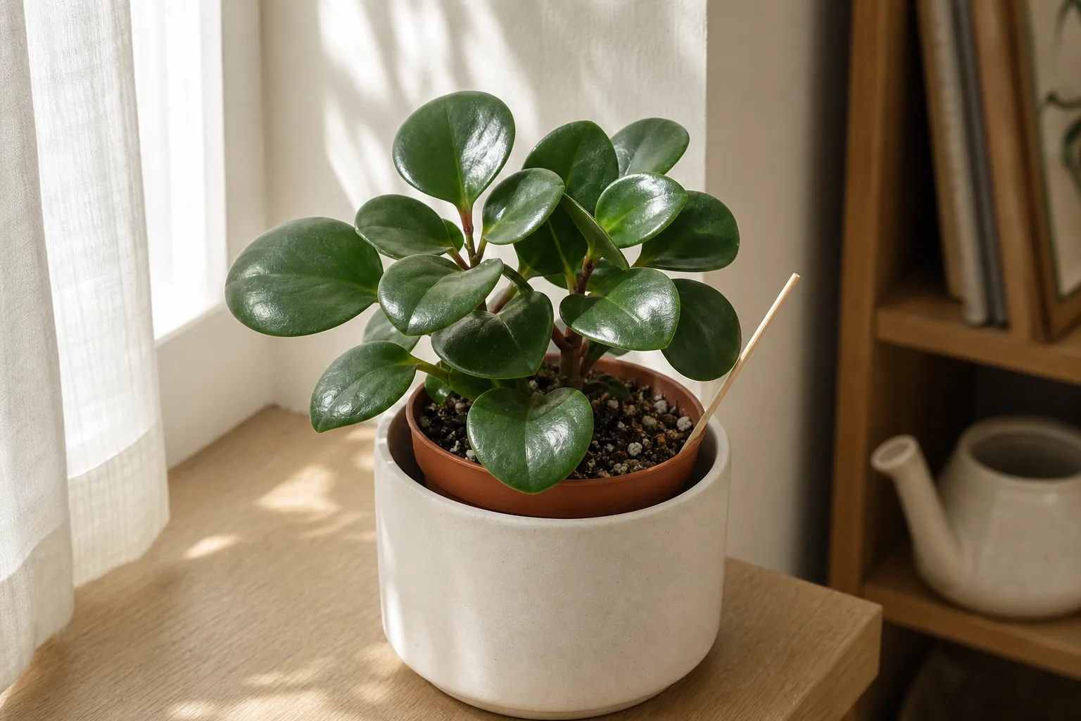 A small peperomia with rounded, glossy leaves sitting on a windowsill in bright indirect light.