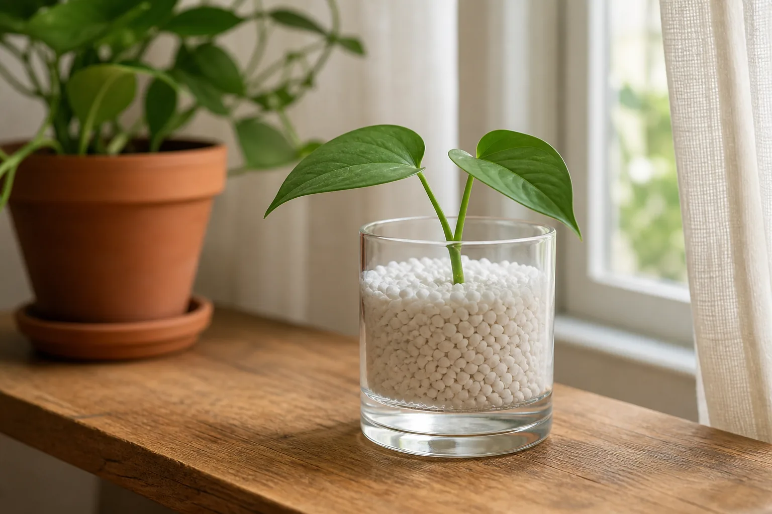 A clear glass vessel holding dampened perlite and a single node cutting, with shallow standing water visible at the bottom.