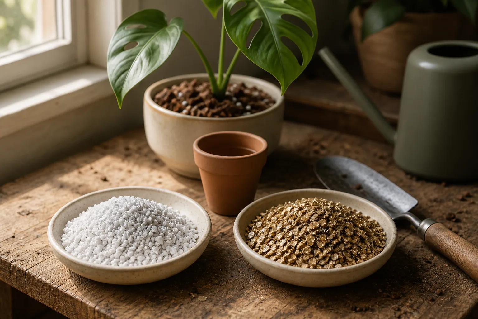 Side-by-side comparison of coarse white perlite and golden-brown vermiculite on a potting bench