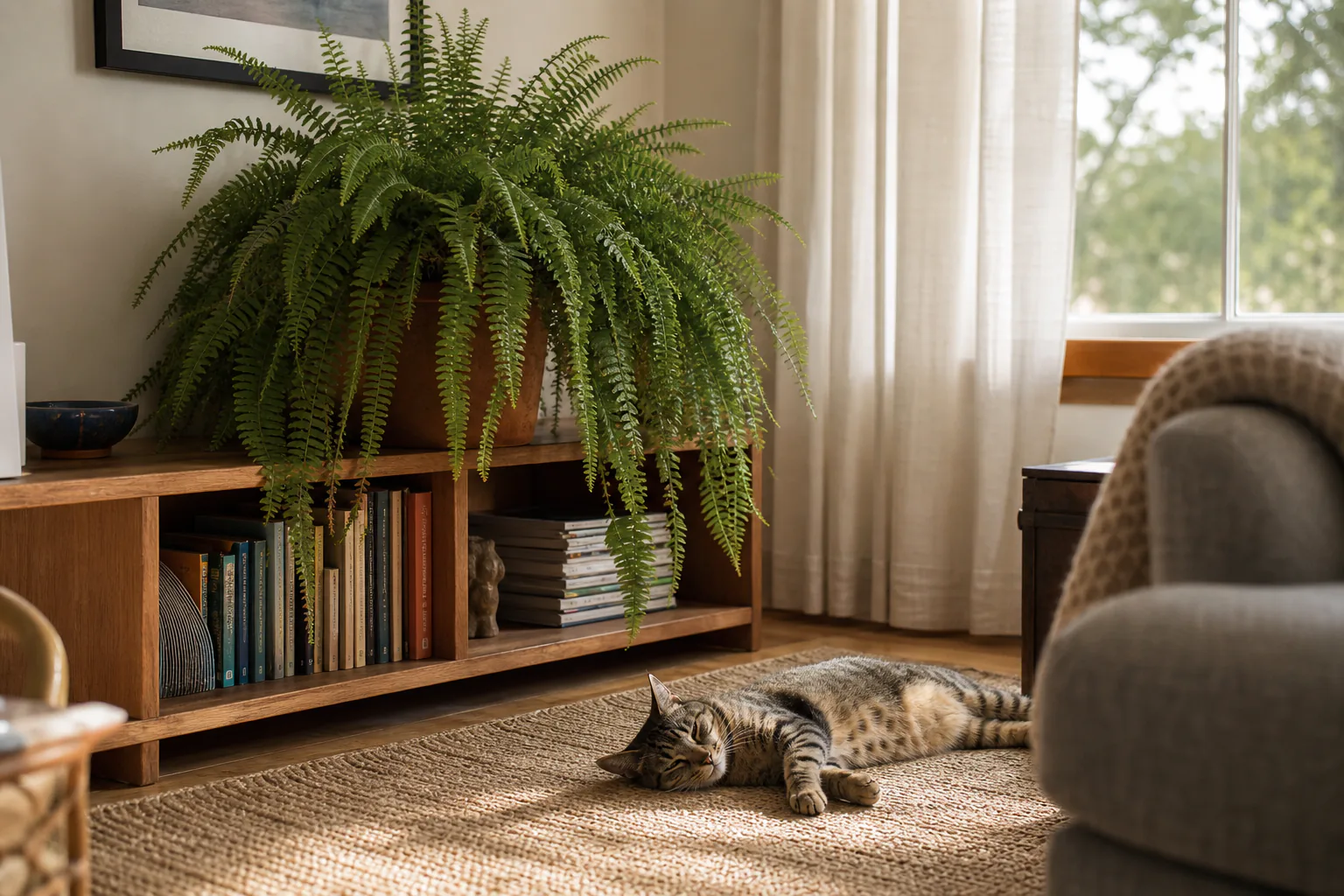 A houseplant on a shelf with a cat resting nearby, illustrating the need to verify plant safety with authoritative pet-safety resources rather than social-media lists.