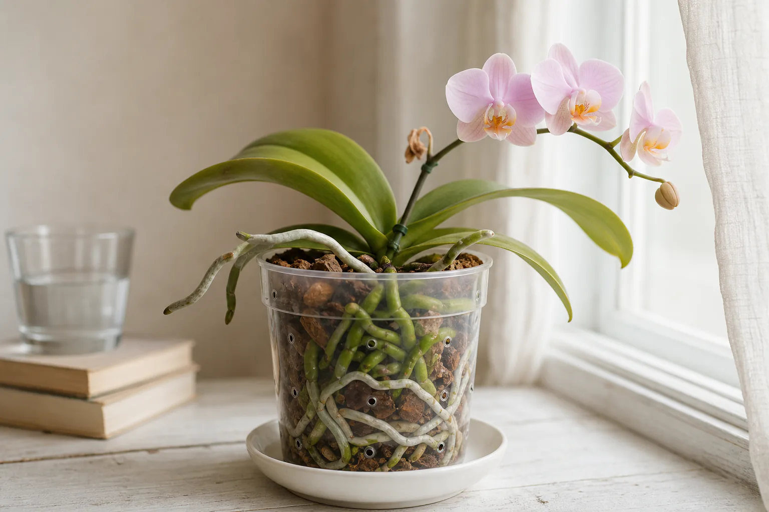 A Phalaenopsis orchid in a clear nursery pot with thick green and silver roots visible through the plastic, sitting on a bright windowsill.