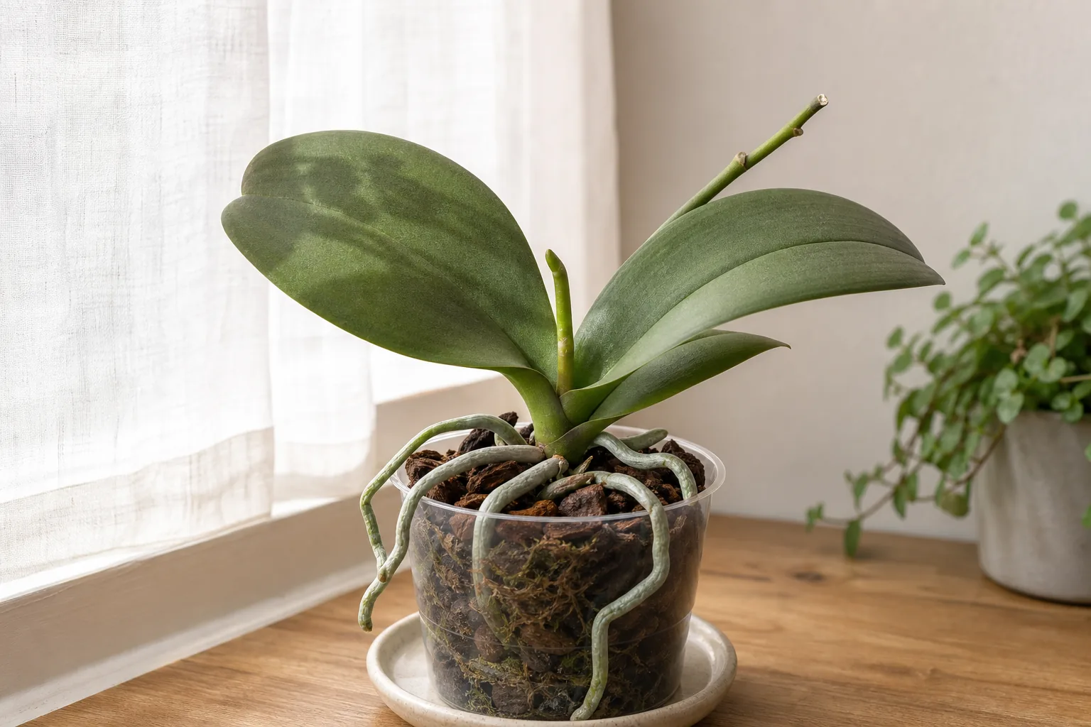 Phalaenopsis orchid on a windowsill with bright indirect light and a small new flower spike emerging from the base of the leaves.