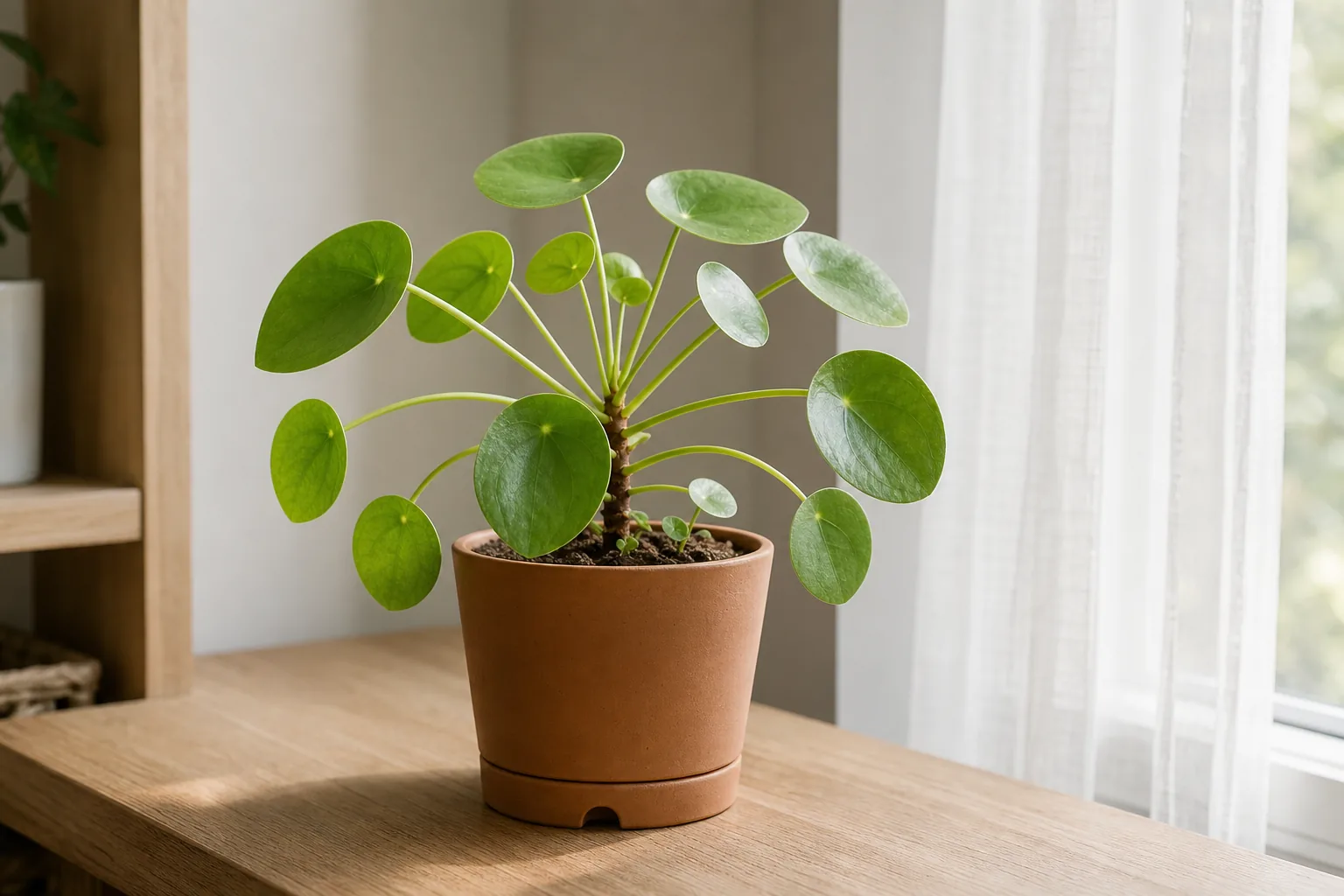 A Pilea peperomioides with round, flat leaves on long petioles sitting on a bright windowsill.