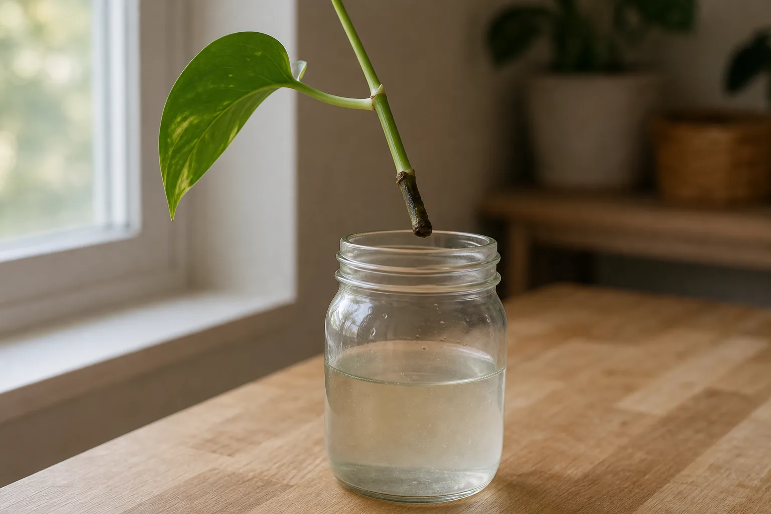 A stem cutting lifted out of a glass jar of water, showing soft darkened tissue at the submerged end next to a healthy node and leaf above the waterline.