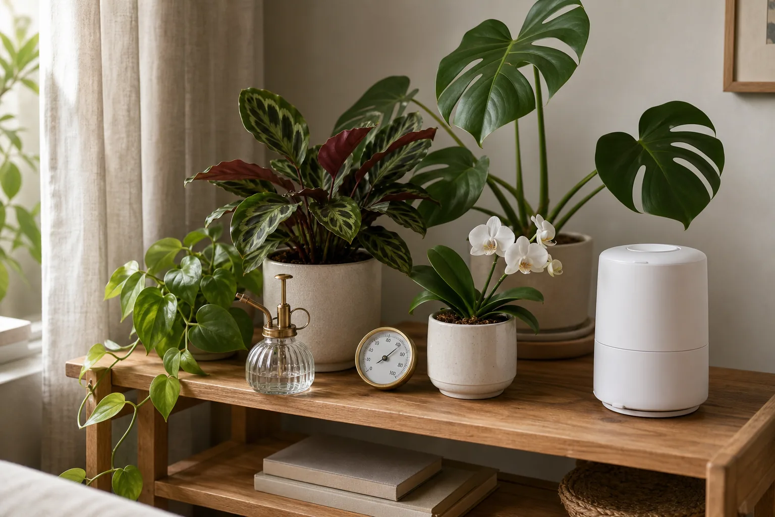 A small plant mister and a tabletop humidifier set beside a shelf of indoor houseplants in a living room