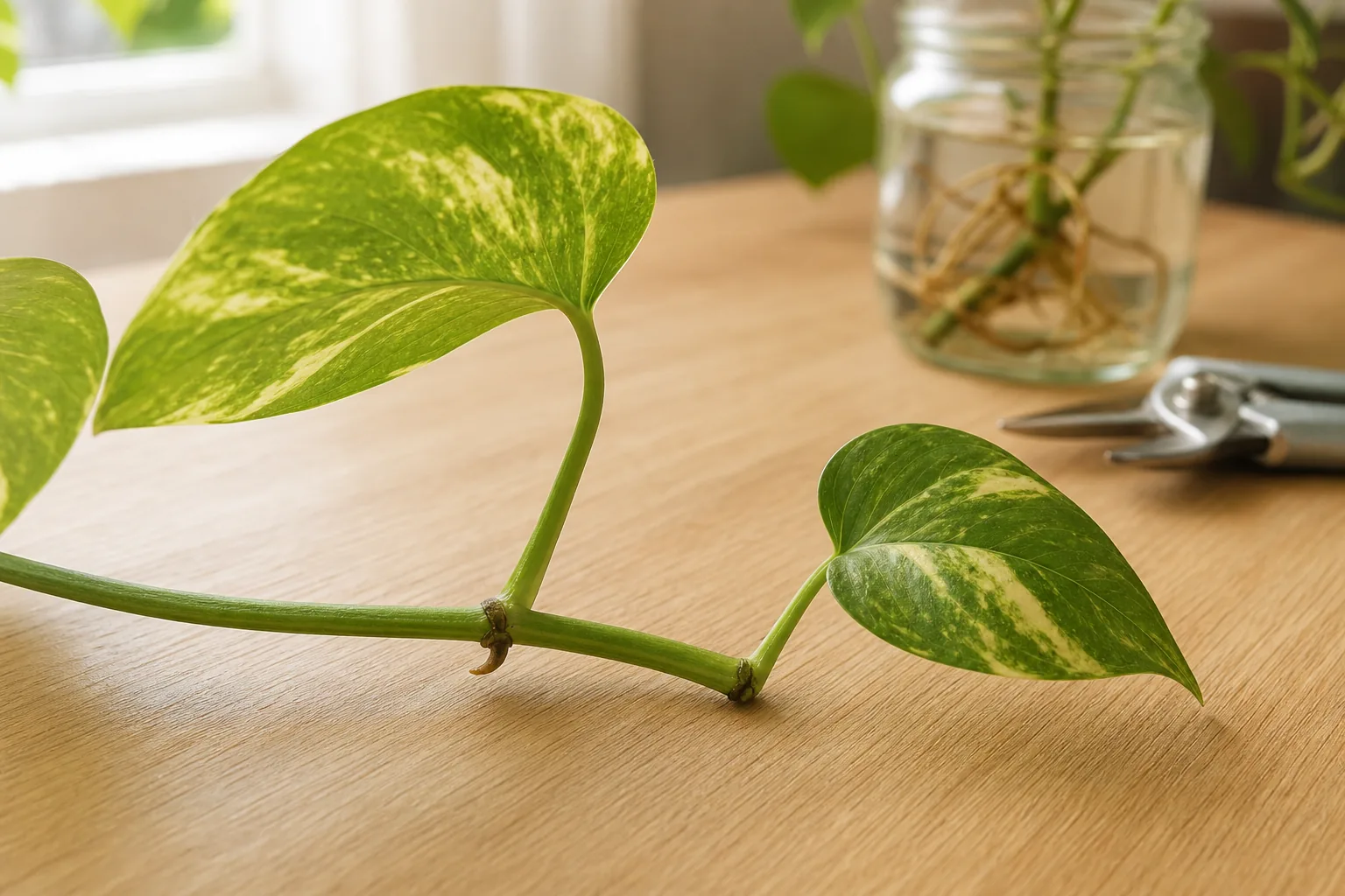 Close-up of a vining houseplant stem showing the swollen node where a leaf petiole and a small aerial root emerge, with the smooth internode visible between two nodes