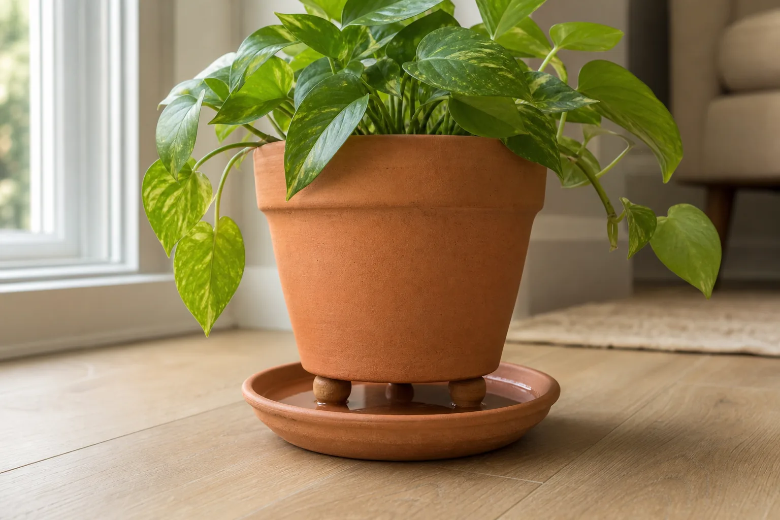 A shallow plant saucer slightly wider than the base of a small terracotta pot, with the pot drainage hole sitting above the saucer surface.