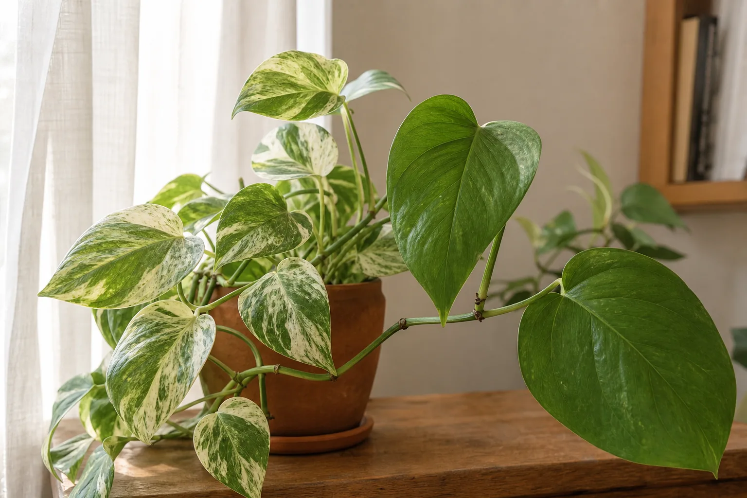 A variegated pothos vine with one fully green stem growing alongside marbled leaves, sitting in a pot near a bright window.
