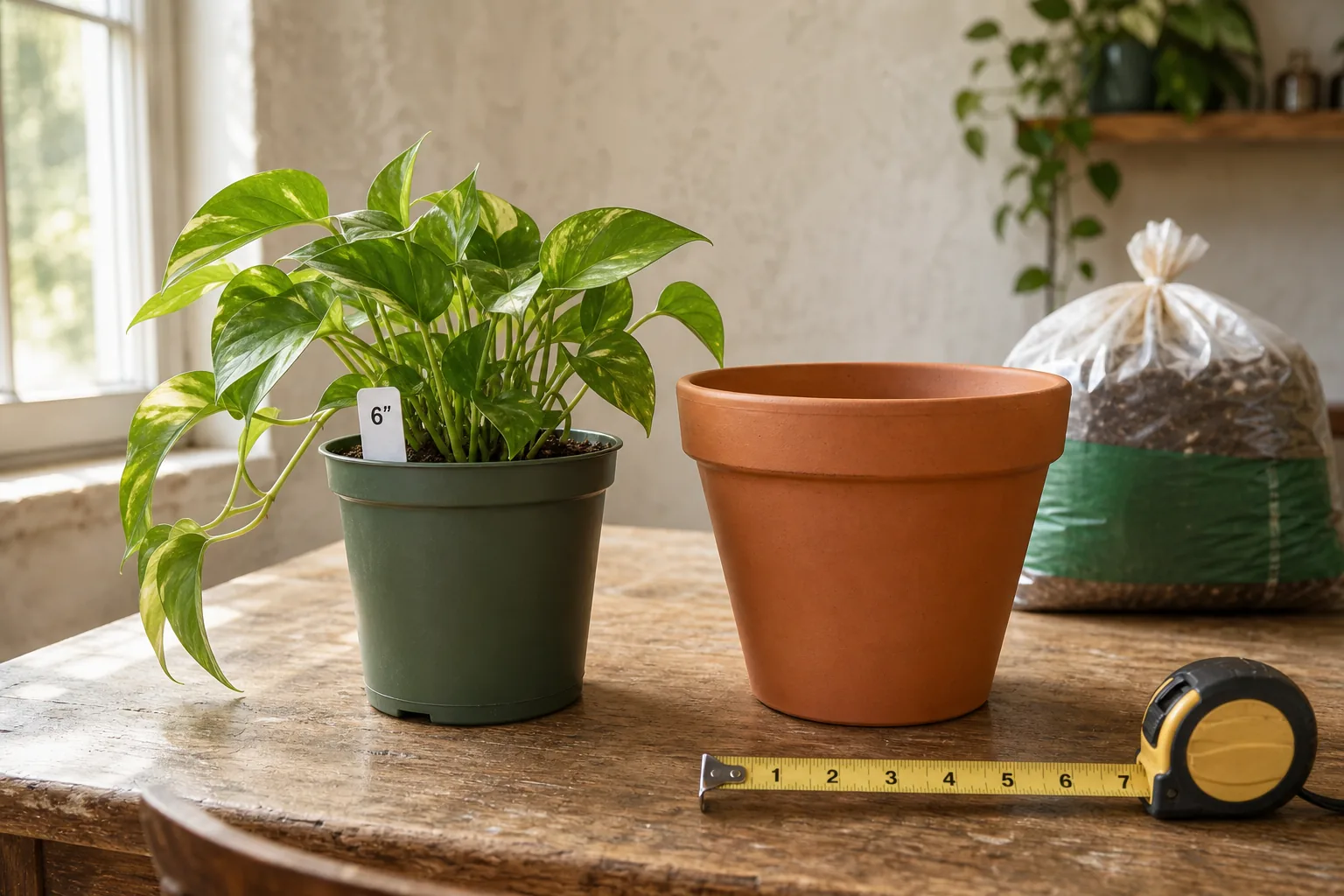 A person holding a small houseplant next to a slightly larger empty pot, comparing diameters before repotting.