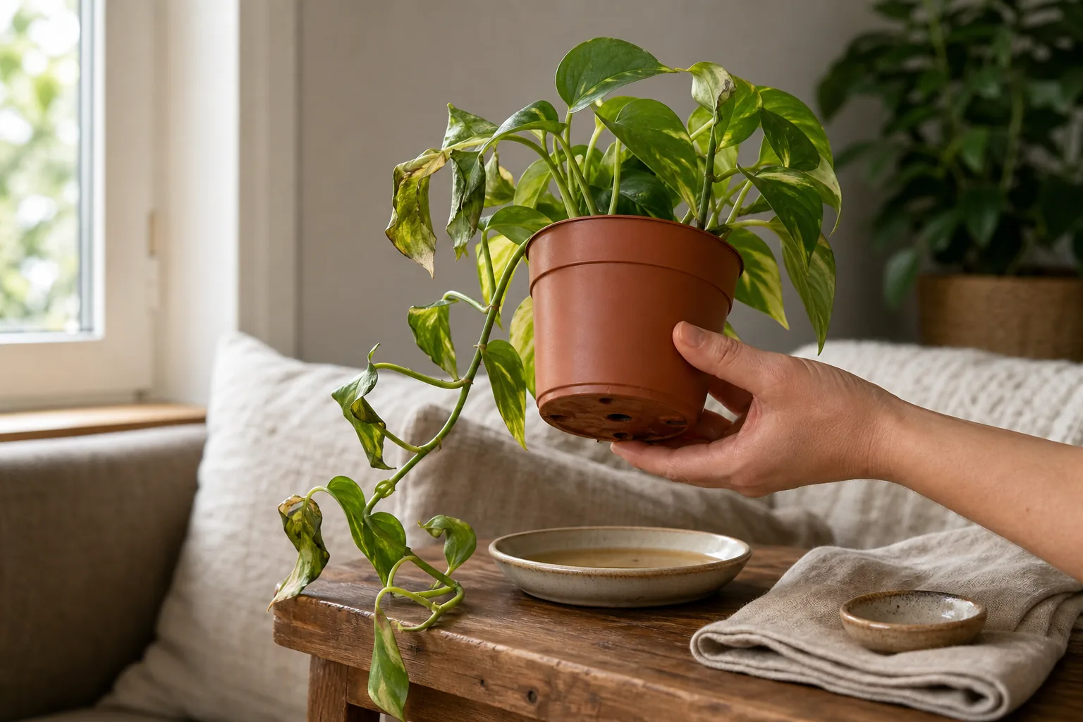 Pothos leaves curling inward and downward on a vine in a living room, with a hand lifting the nursery pot to check weight and drainage.