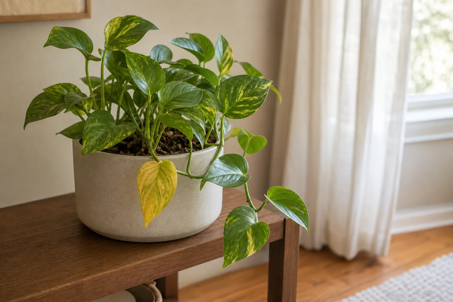 A single yellowing pothos leaf near the base of the vine, with healthy green leaves on the rest of the plant.