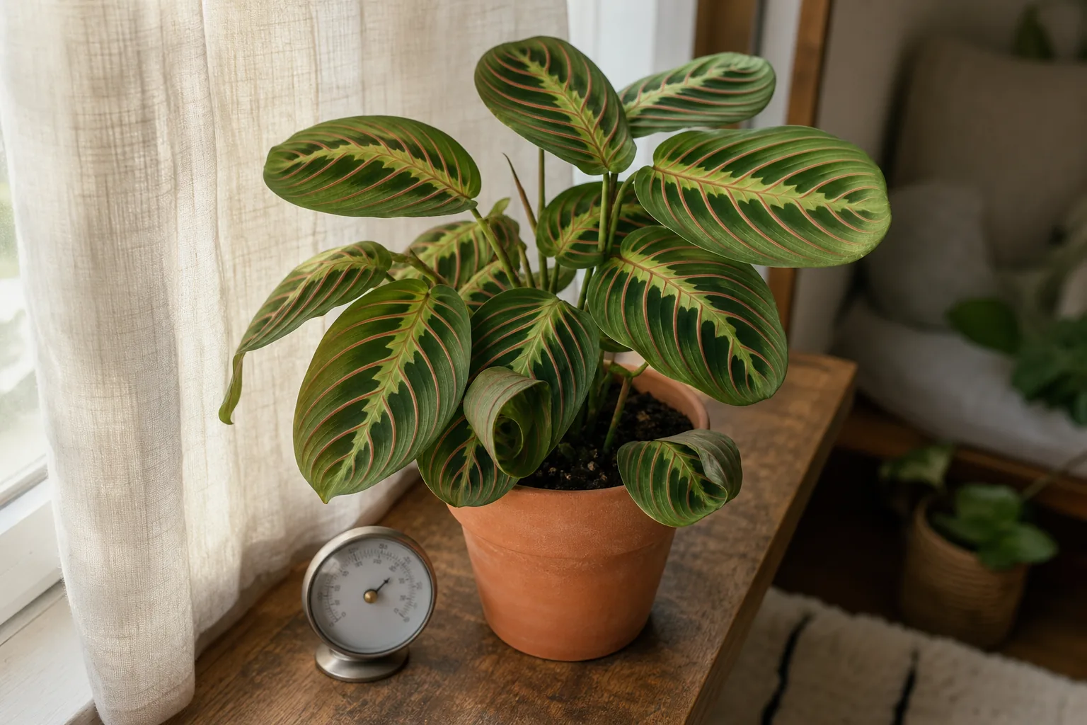 A Maranta prayer plant with leaves curling inward on a bright windowsill, beside a small humidity gauge.