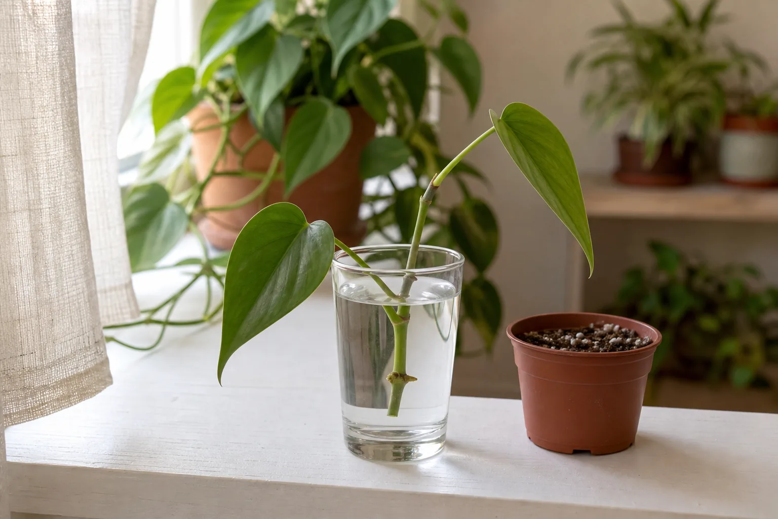 Heartleaf philodendron stem cutting with one leaf and a visible node, sitting in a clear glass of water on a bright windowsill