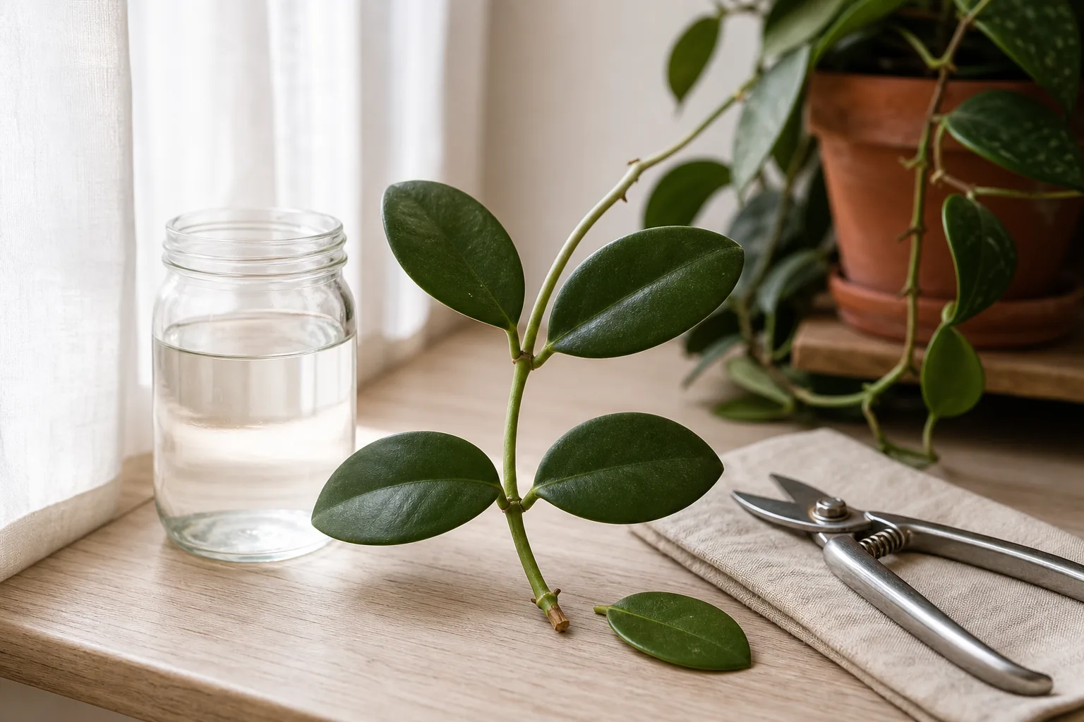 A Hoya stem cutting with a visible node and two pairs of leaves, resting beside a clear jar of room-temperature water on a windowsill in bright indirect light.