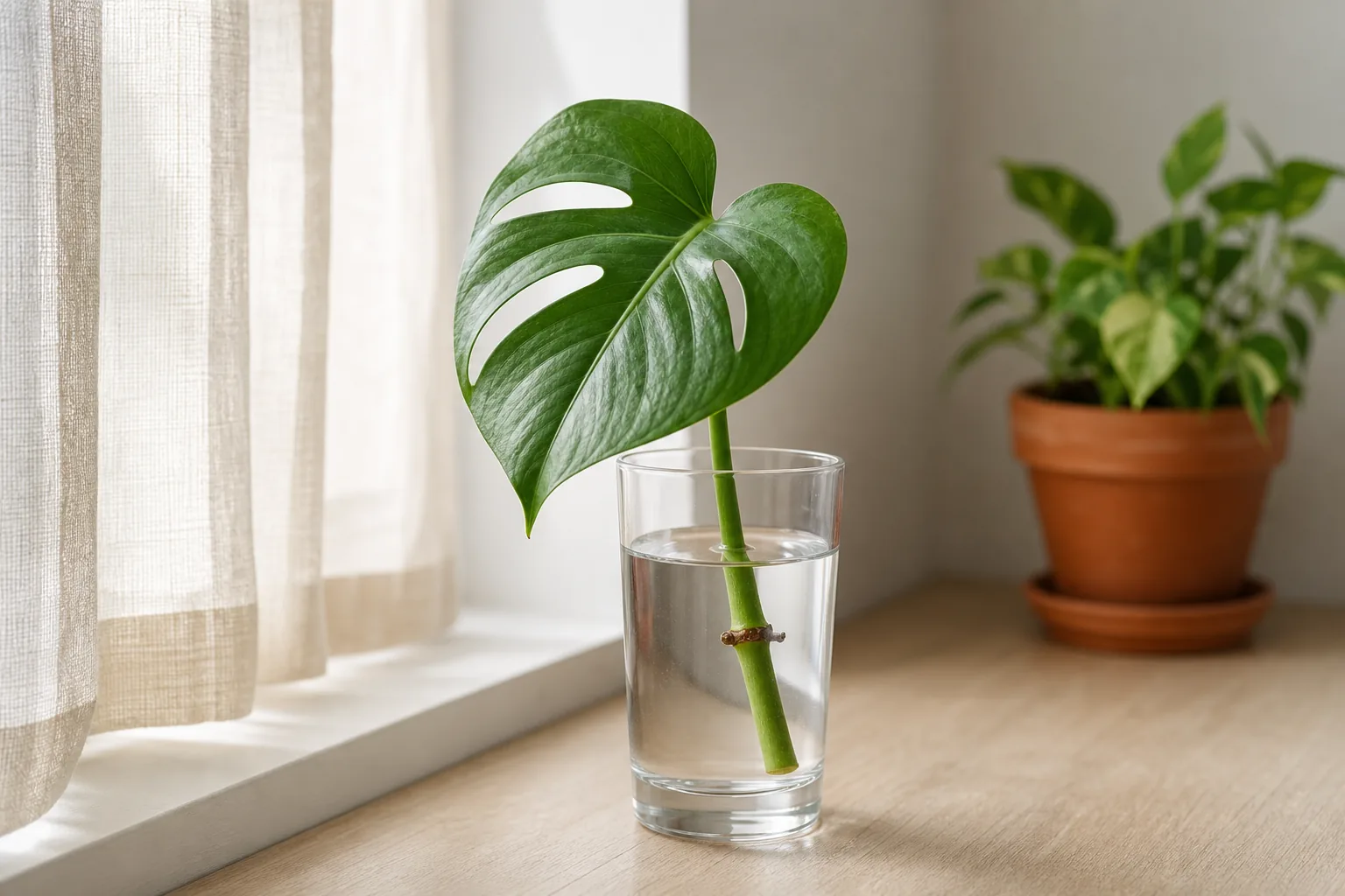 A Monstera deliciosa stem cutting with a visible node and small aerial root nub, rooting in a clear glass of room-temperature water on a bright, indirect-light windowsill
