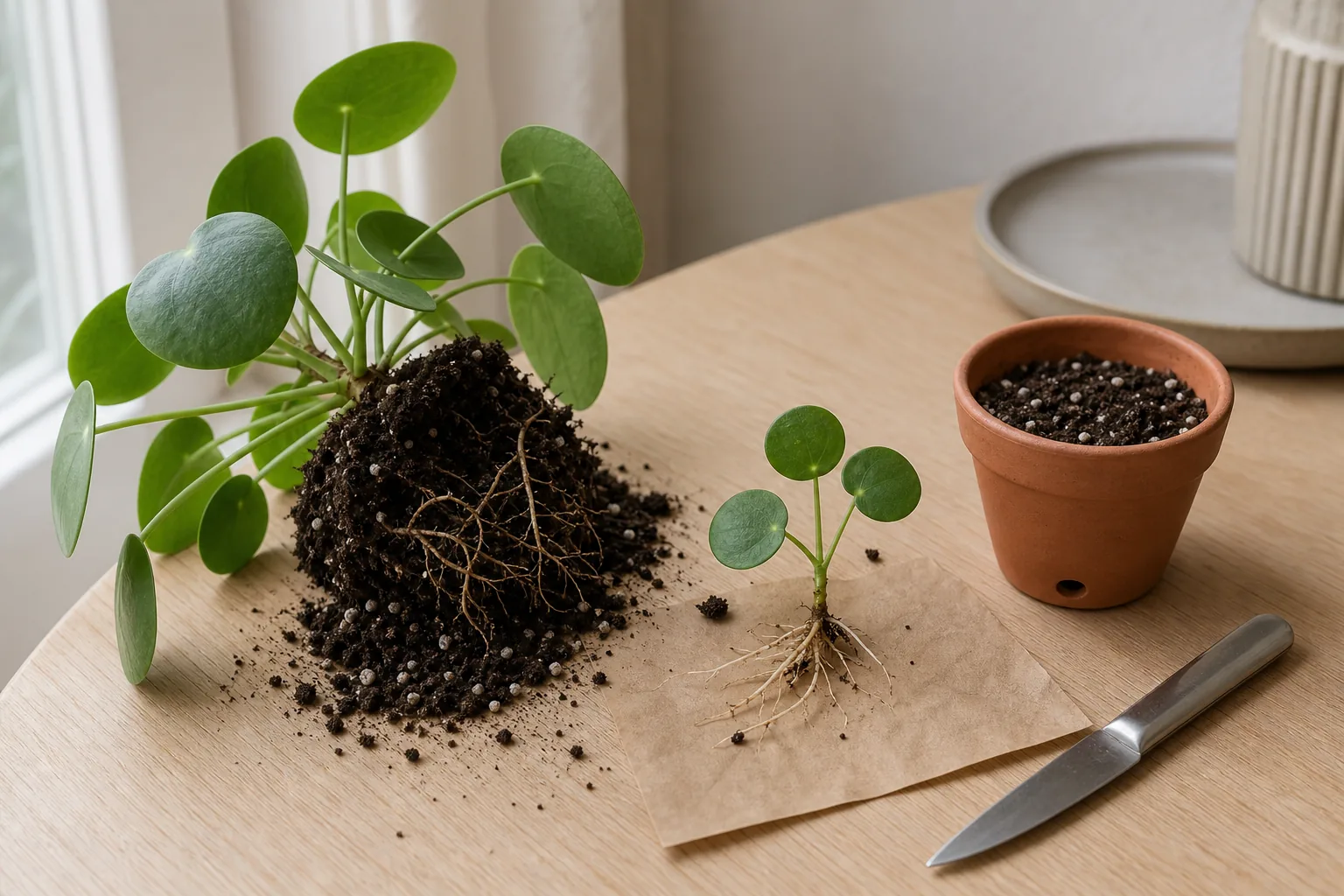 A small Pilea peperomioides pup with its own stem and a few round leaves, lifted out of the mother plant's root ball next to a small terracotta pot.