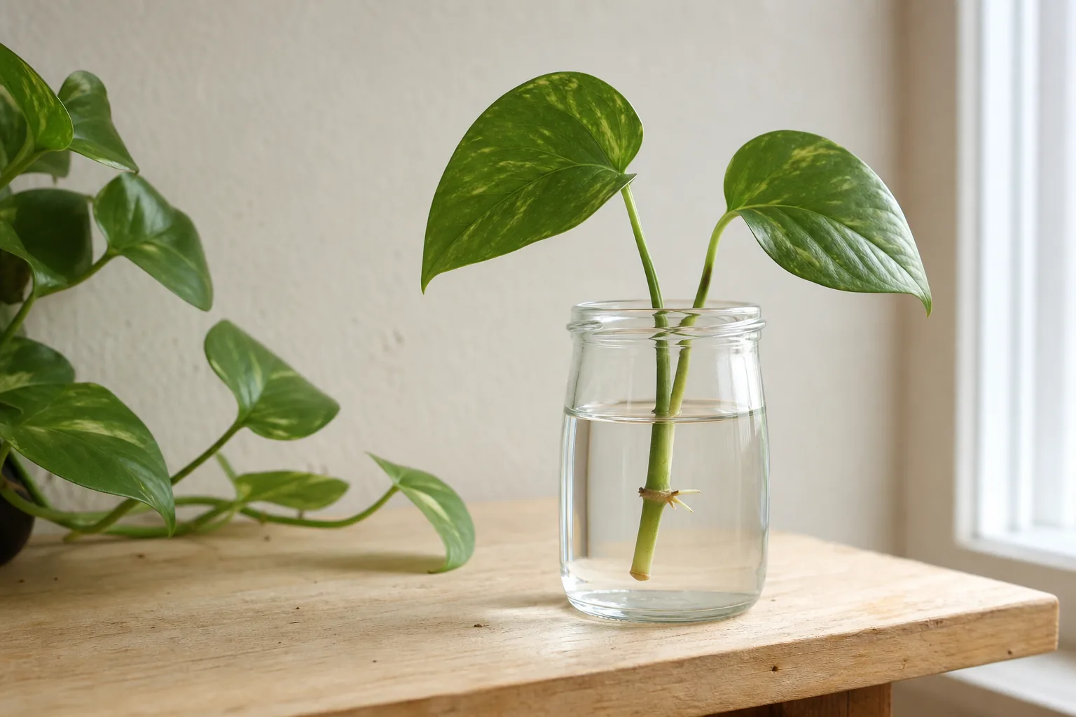 A pothos vine cutting with one node submerged in a small glass jar of room-temperature water on a shelf in bright indirect light.
