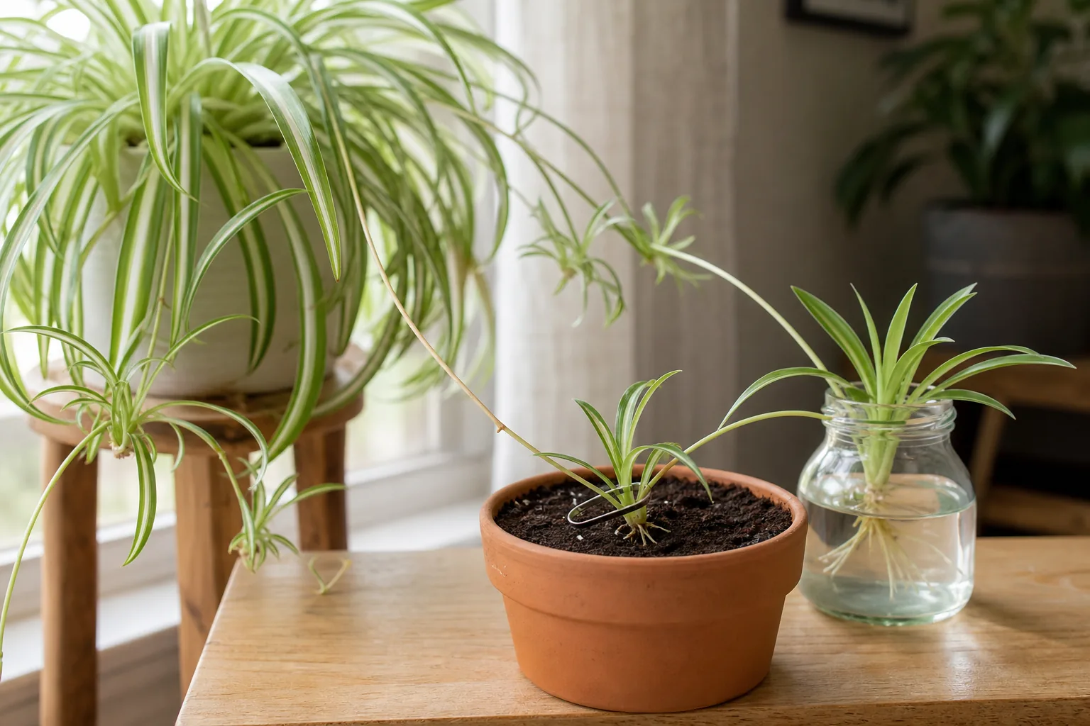 Small spider plant plantlet with pale root nubs visible at its base, sitting on a pot of pre-moistened potting mix.
