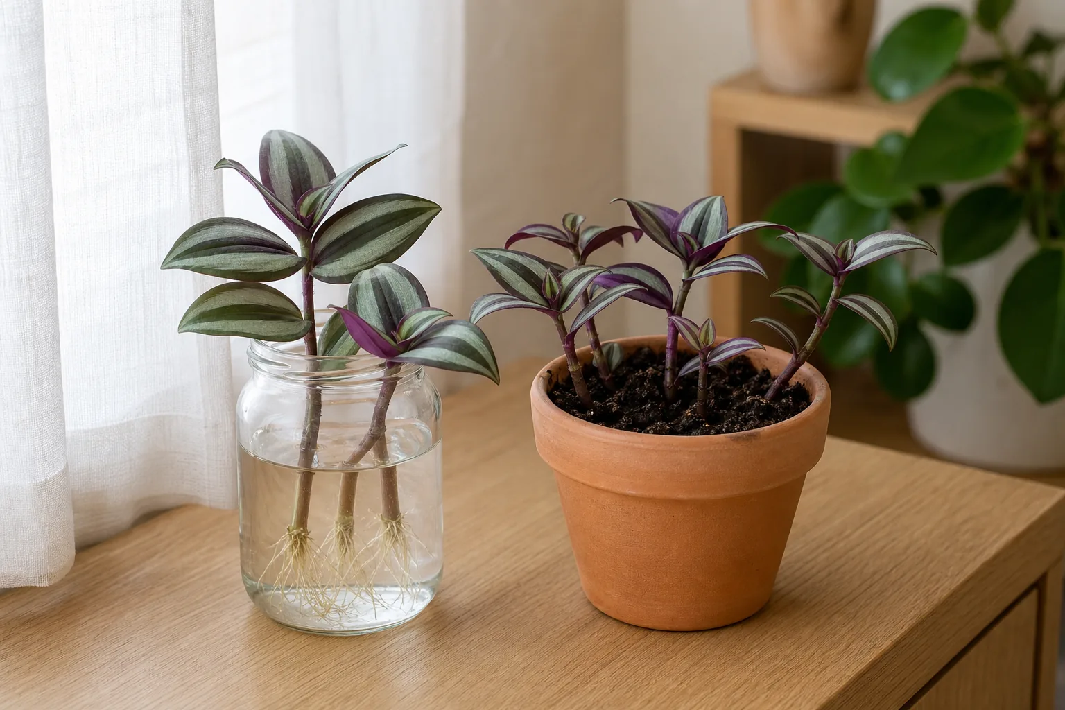 A small glass jar holding several tradescantia stem cuttings with roots forming in water, next to a newly potted tradescantia in a terracotta pot.