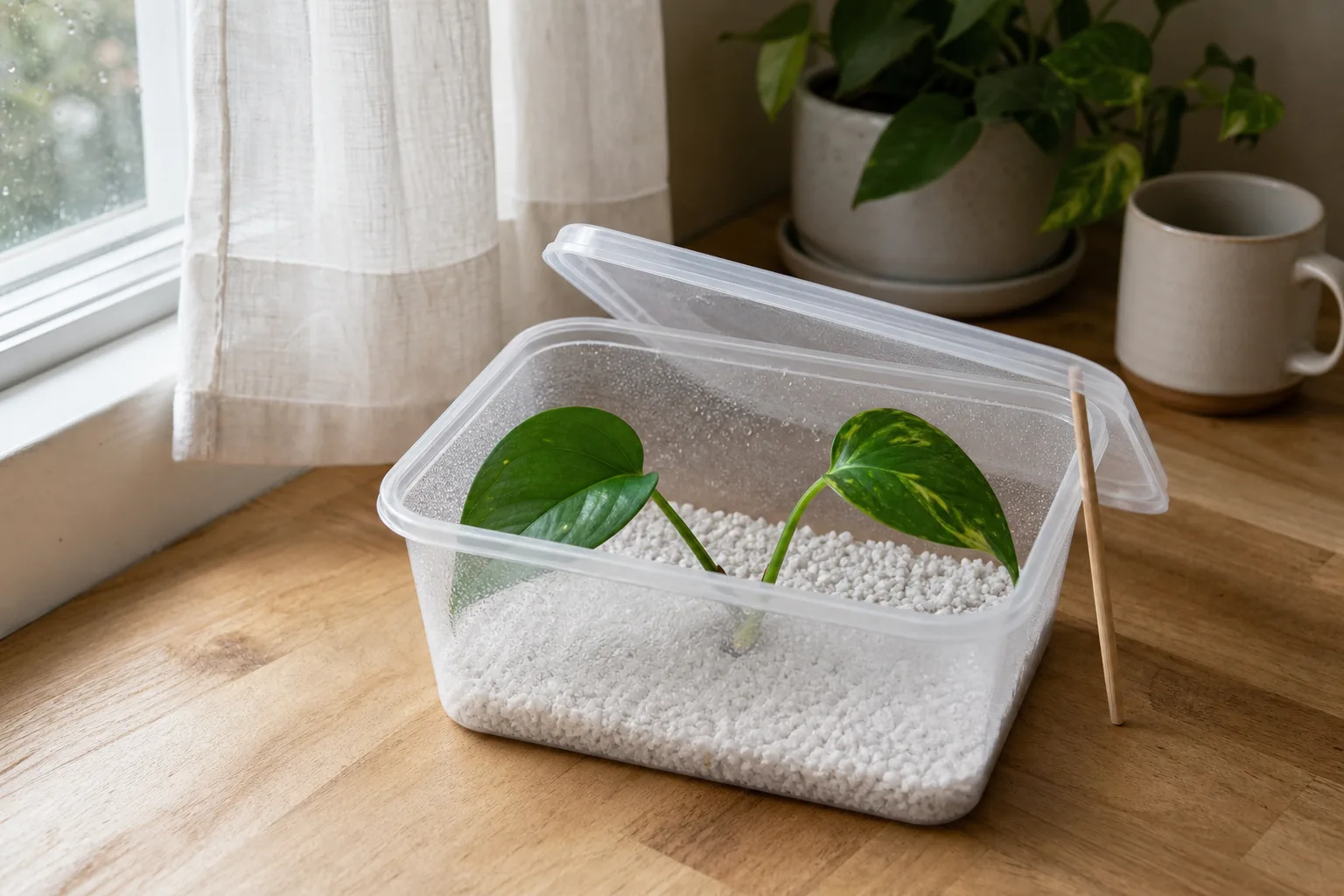 A clear plastic propagation box with a cracked lid holding damp perlite and a stem cutting, with light condensation on the inside walls.