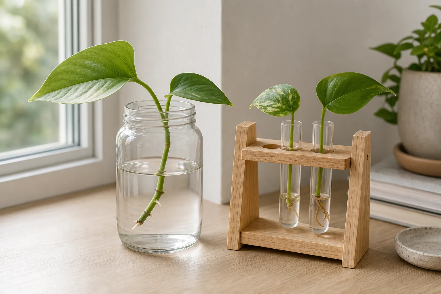A glass jar and a small wooden propagation station holding houseplant cuttings in water side by side on a bright shelf.
